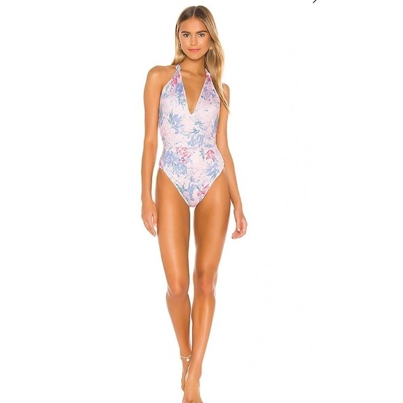 LoveShackFancy Abelia Ruched Halterneck Floral-Print Swimsuit size S - Picture 1 of 9